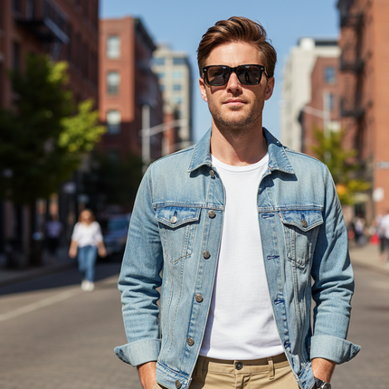Man wearing wayfarer sunglasses on his face outdoors - lifestyle image