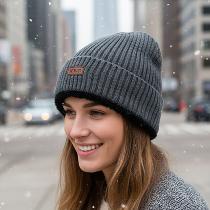Thermal Winter Beanie Hat Plush Fleece Lined Ribbed Knit Hat Unisex NYC Style
