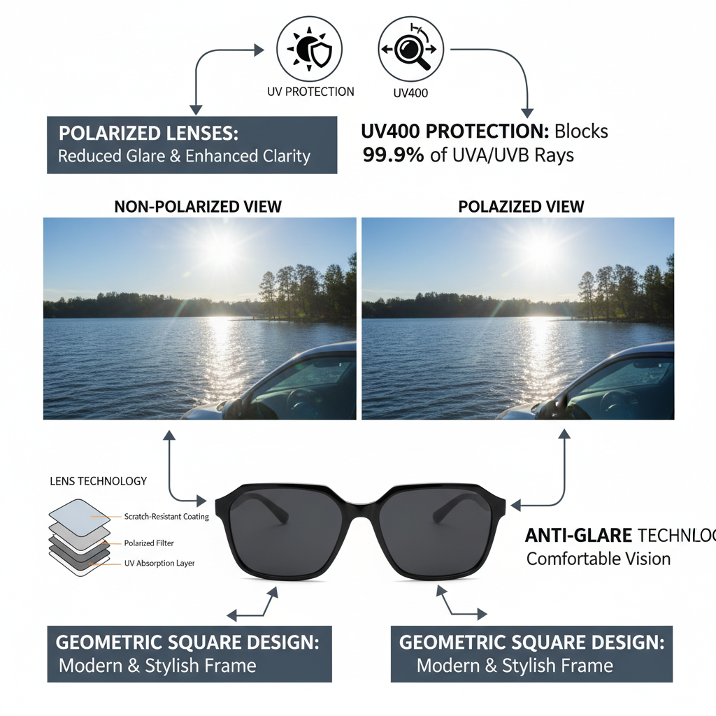 Polarized geometric square sunglasses features and benefits - UV protection and unique design