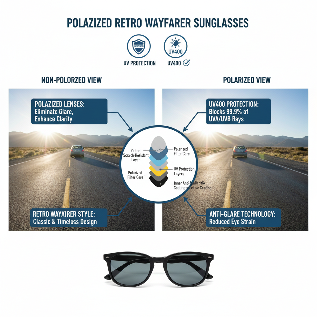 Polarized retro wayfarer sunglasses features and benefits - UV protection and modern design