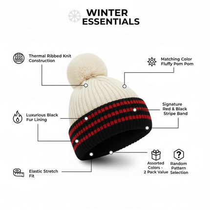 Womens Thermal Pom Pom Winter Hats - Assorted 2 Pack with Fur Lining