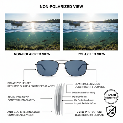 Polarized semi-rimless sunglasses features and benefits - UV protection and refined design