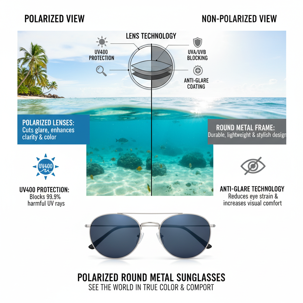 Polarized round metal sunglasses features and benefits - UV protection and vintage design