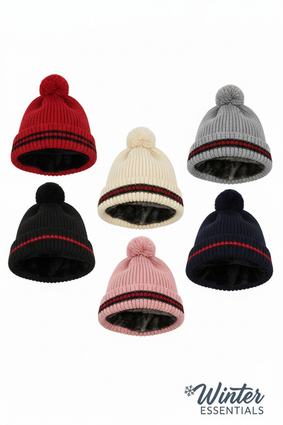 Womens Thermal Pom Pom Winter Hats - Assorted 2 Pack with Fur Lining