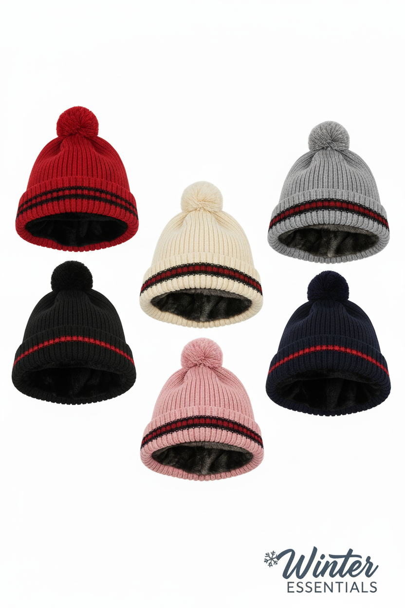 Womens Thermal Pom Pom Winter Hats - Assorted 2 Pack with Fur Lining