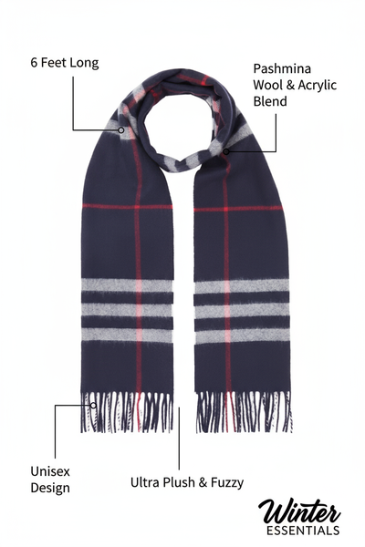 Blue Plaid Scarf Ultra Plush Pashmina Wool Blend 6ft Long Unisex Navy