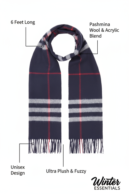 Blue Plaid Scarf Ultra Plush Pashmina Wool Blend 6ft Long Unisex Navy