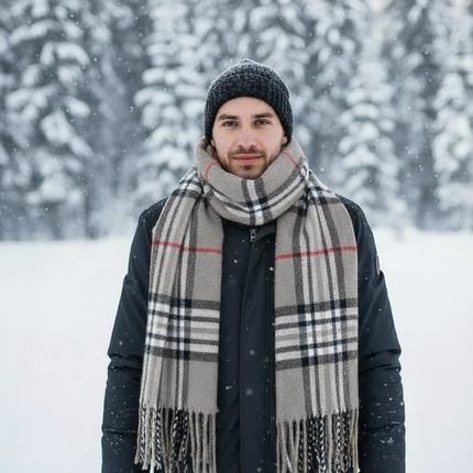 Gray Plaid Scarf Ultra Plush Pashmina Wool Blend 6ft Long Unisex Grey