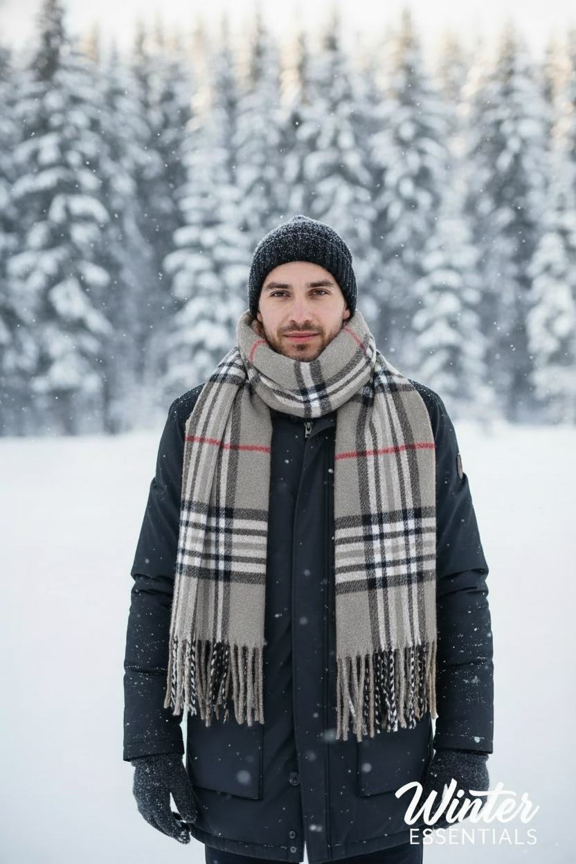 Gray Plaid Scarf Ultra Plush Pashmina Wool Blend 6ft Long Unisex Grey