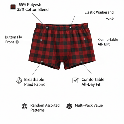Mens Plaid Boxer Briefs 3 6 12 Pack Button Fly Underwear Trunks Shorts S-3XL