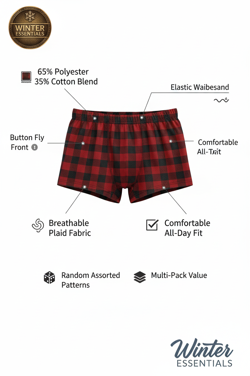 Mens Plaid Boxer Briefs 3 6 12 Pack Button Fly Underwear Trunks Shorts S-3XL