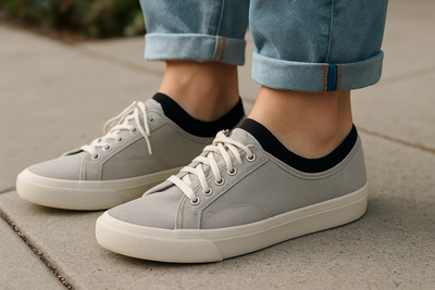 Lifestyle photo of plain low cut socks being worn