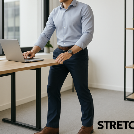 Lifestyle shot of man wearing navy StretchLab work pants in workplace setting