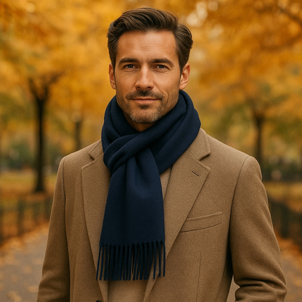 Lifestyle shot - person wearing navy scarf in autumn setting