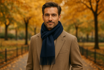 Lifestyle shot - person wearing navy scarf in autumn setting
