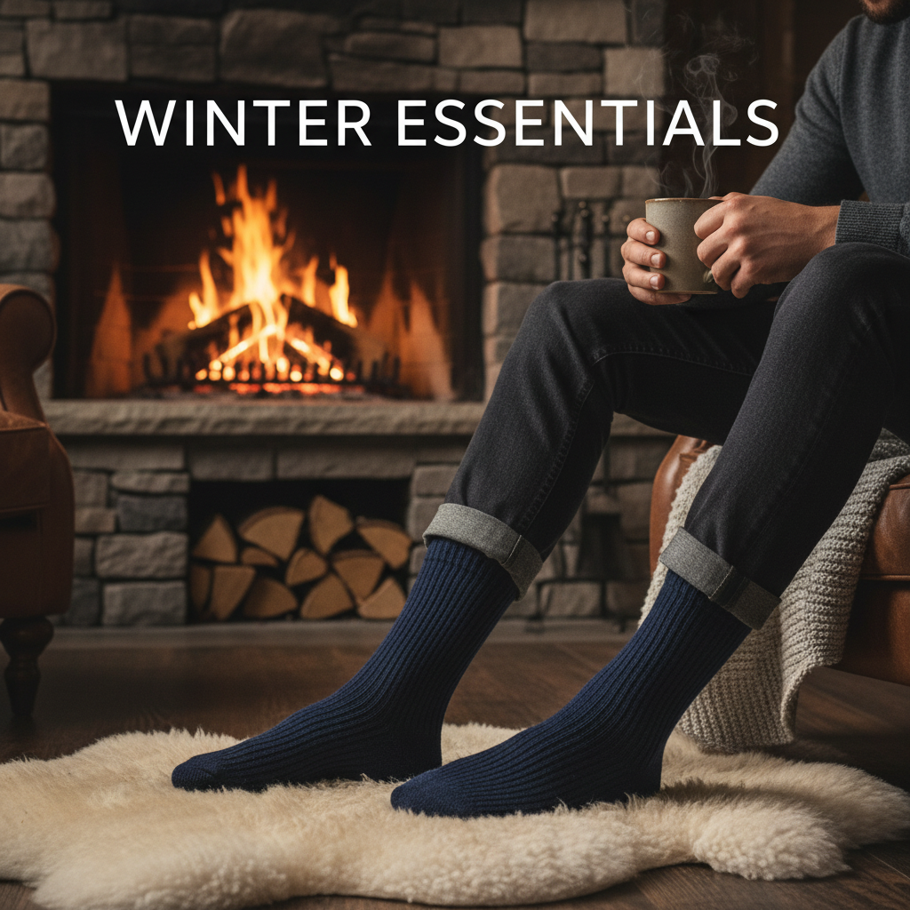 Men's navy socks fireplace