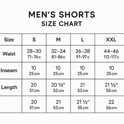 Men's Shorts Size Chart