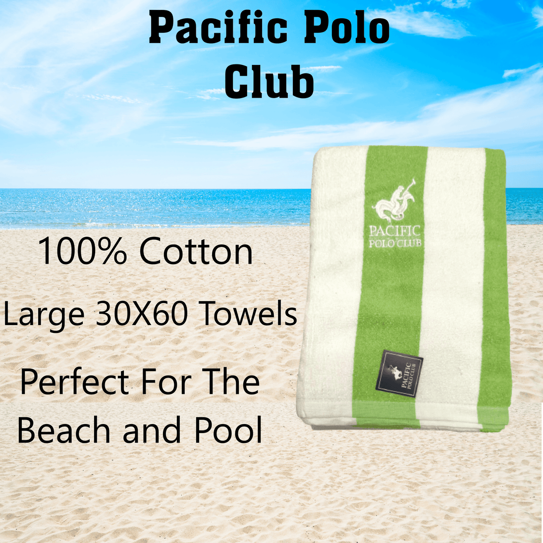 Pacific Polo Club 100% Cotton Full Size Beach / Pool Towels 6 Pack - PremiumBrandGoods