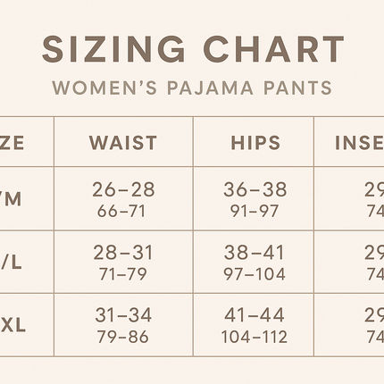 Pajama Pants Sizing Chart
