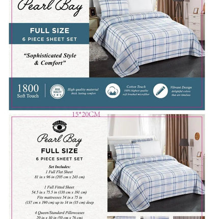 Pearl Bay 6 Piece Bed Sheet Set Blue Checkered with Lines - PremiumBrandGoods