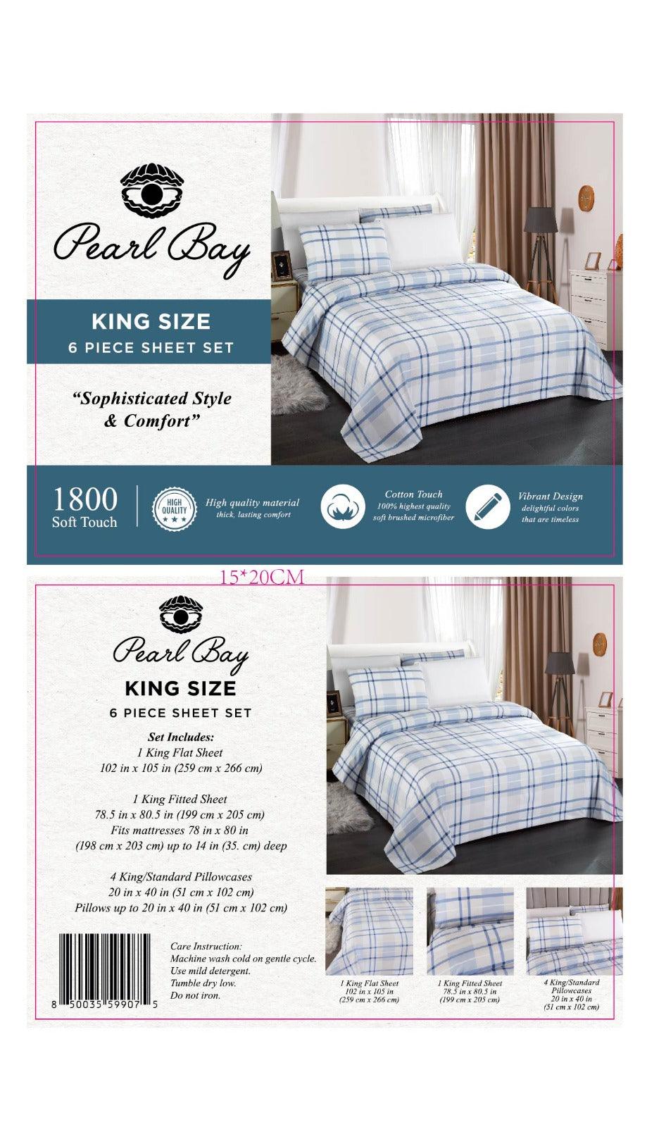 Pearl Bay 6 Piece Bed Sheet Set Blue Checkered with Lines - PremiumBrandGoods