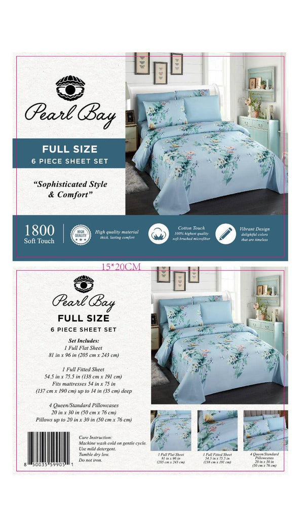 Pearl Bay 6 Piece Bed Sheet Set Light Blue with Flowers - PremiumBrandGoods