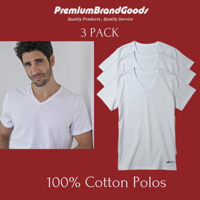 PBG 3 Pack Men's 100% Cotton White Tshirt V Neck Polo