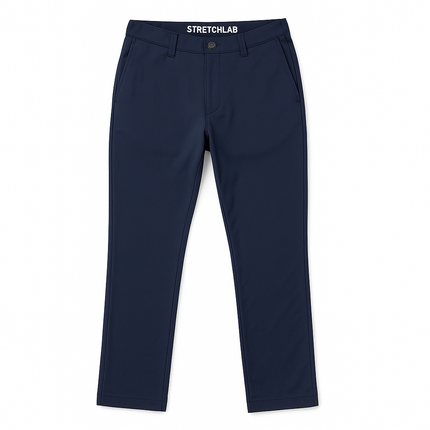 Product shot of navy StretchLab work pants on white background