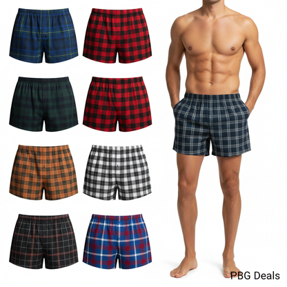 Six plaid boxers with model