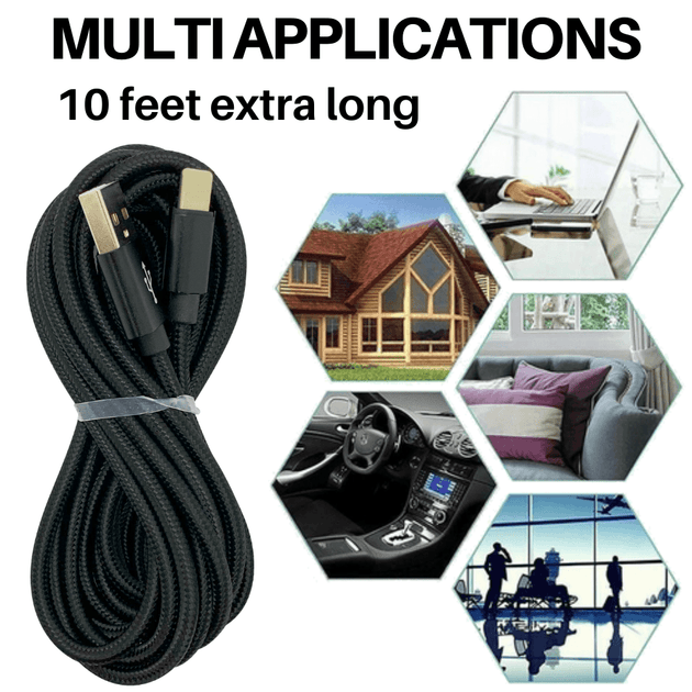 10Ft Braided USB Charger Compatible for Iphone Black - PremiumBrandGoods