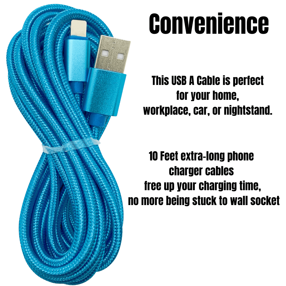 10Ft Braided USB Charger Compatible for Iphone Light Blue - PremiumBrandGoods