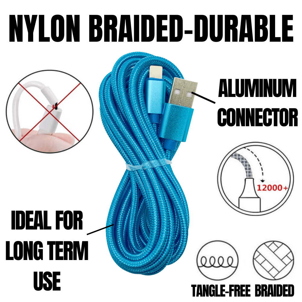 10Ft Braided USB Charger Compatible for Iphone Light Blue - PremiumBrandGoods