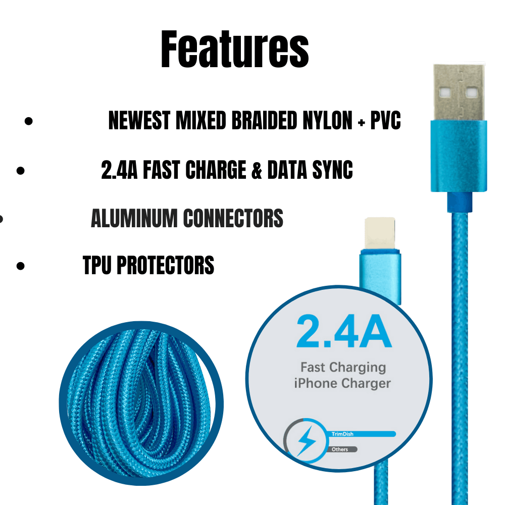 2 Pack PBG 10FT XL Charger Compatible for Iphone Cable Nylon Woven Zebra Pattern (Multiple Colors) - PremiumBrandGoods
