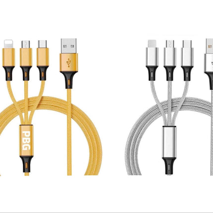 3-in-1 Nylon Braided 4FT 3A Charging Cable (8Pin, Type-C, Micro USB) 2 Pack Mix n Match