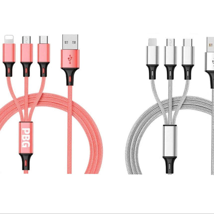 3-in-1 Nylon Braided 4FT 3A Charging Cable (8Pin, Type-C, Micro USB) 2 Pack Mix n Match