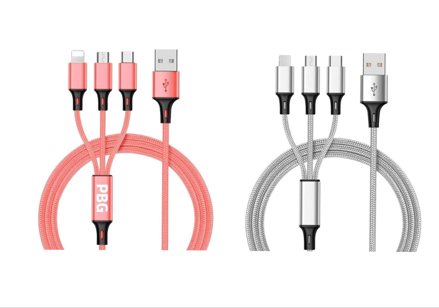 3-in-1 Nylon Braided 4FT 3A Charging Cable (8Pin, Type-C, Micro USB) 2 Pack Mix n Match - PremiumBrandGoods
