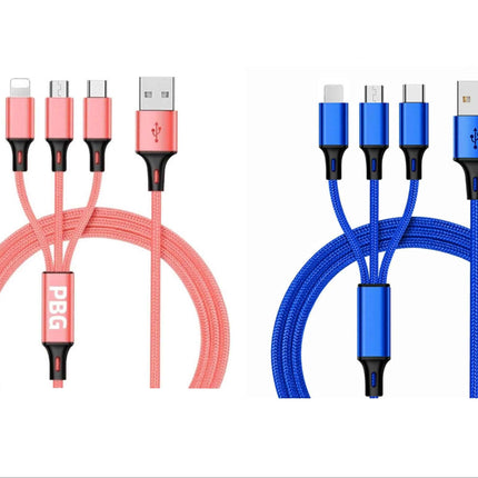 3-in-1 Nylon Braided 4FT 3A Charging Cable (8Pin, Type-C, Micro USB) 2 Pack Mix n Match