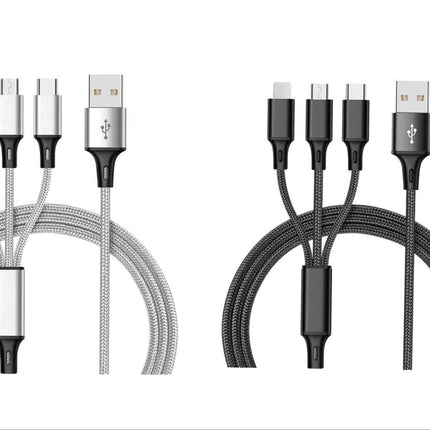 3-in-1 Nylon Braided 4FT 3A Charging Cable (8Pin, Type-C, Micro USB) 2 Pack Mix n Match