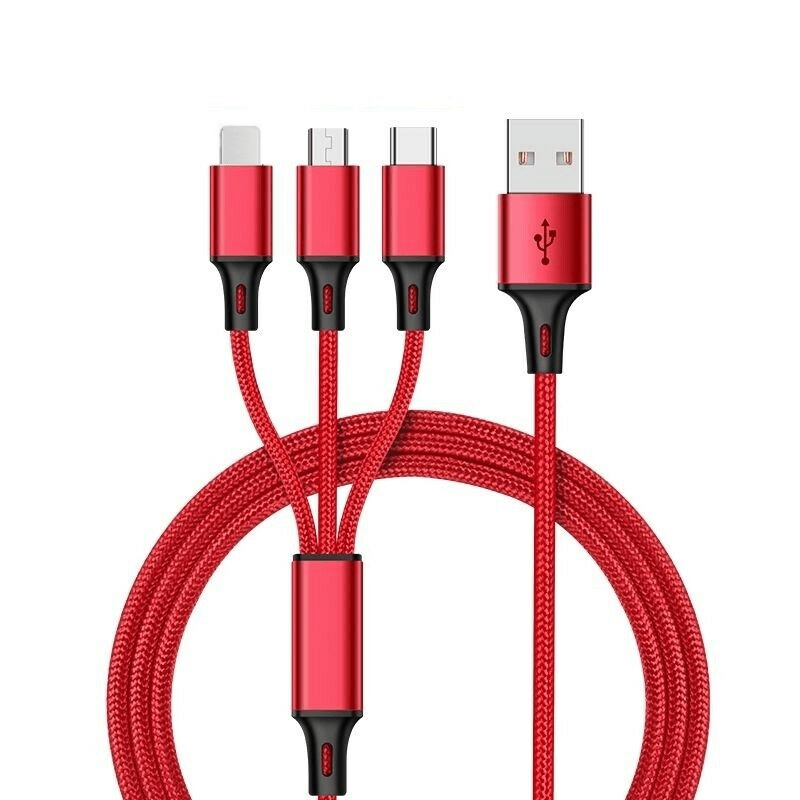 3-in-1 Nylon Braided 4FT 3A Charging Cable (8Pin, Type-C, Micro USB) Red - PremiumBrandGoods