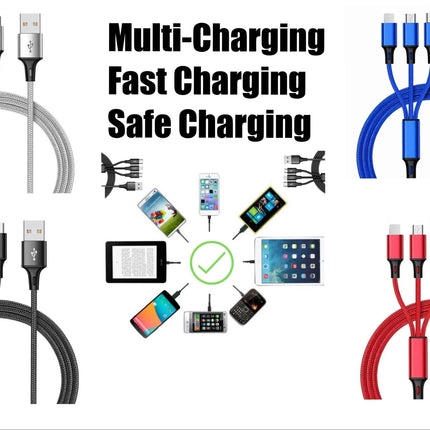 3-in-1 Nylon Braided 4FT 3A Charging Cable (8Pin, Type-C, Micro USB) Red