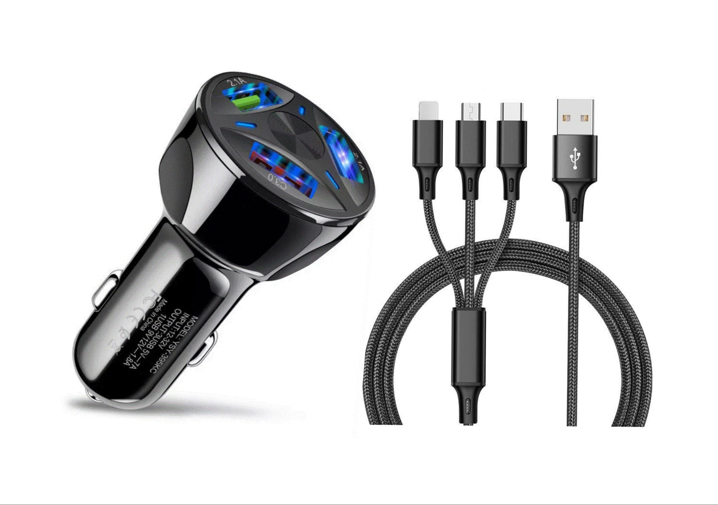 3 Port Fast LED Car Charger + 3 in 1 Cable Combo Black - PremiumBrandGoods