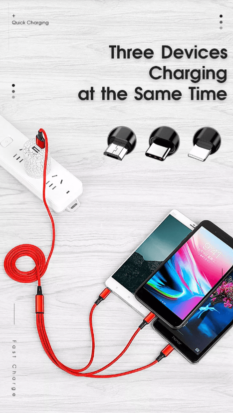 3 Port Fast LED Car Charger + 3 in 1 Cable Combo Red - PremiumBrandGoods