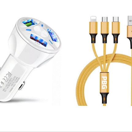 3 Port Fast LED White Car Charger + 3 in 1 Cable Combo Gold - PremiumBrandGoods