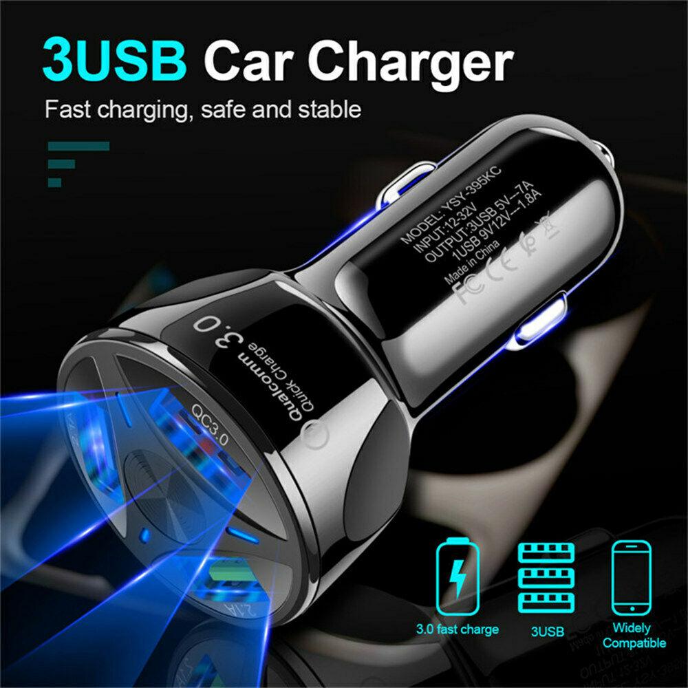 3 Port Fast LED White Car Charger + 3 in 1 Cable Combo Gold - PremiumBrandGoods