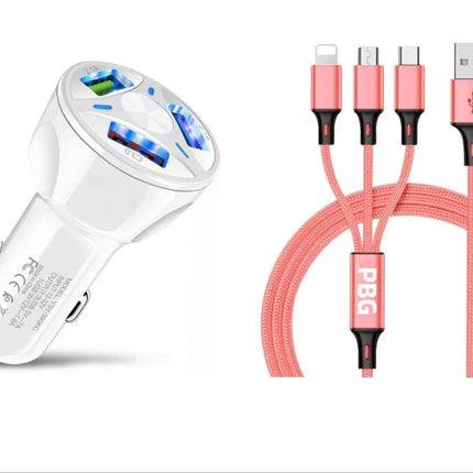 3 Port Fast LED White Car Charger + 3 in 1 Cable Combo Pink - PremiumBrandGoods