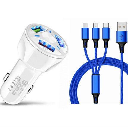 3 Port Fast LED White Car Charger + 3 in 1 Cable Combo