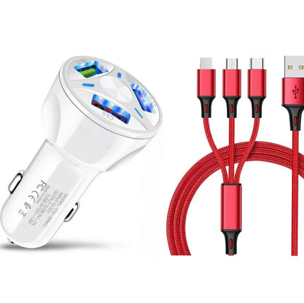 3 Port Fast LED White Car Charger + 3 in 1 Cable Combo Red - PremiumBrandGoods