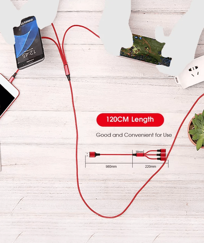 3 Port Fast LED White Car Charger + 3 in 1 Cable Combo Red - PremiumBrandGoods
