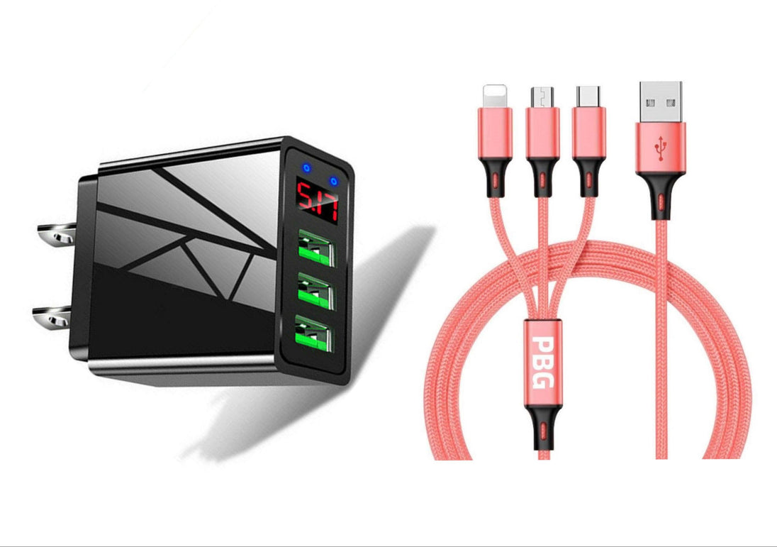3 port LED Display High Speed Wall Charger Black + 3 in 1 Cable Combo