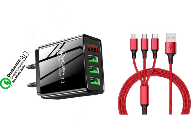 3 port LED Display High Speed Wall Charger Black + 3 in 1 Cable Combo - PremiumBrandGoods